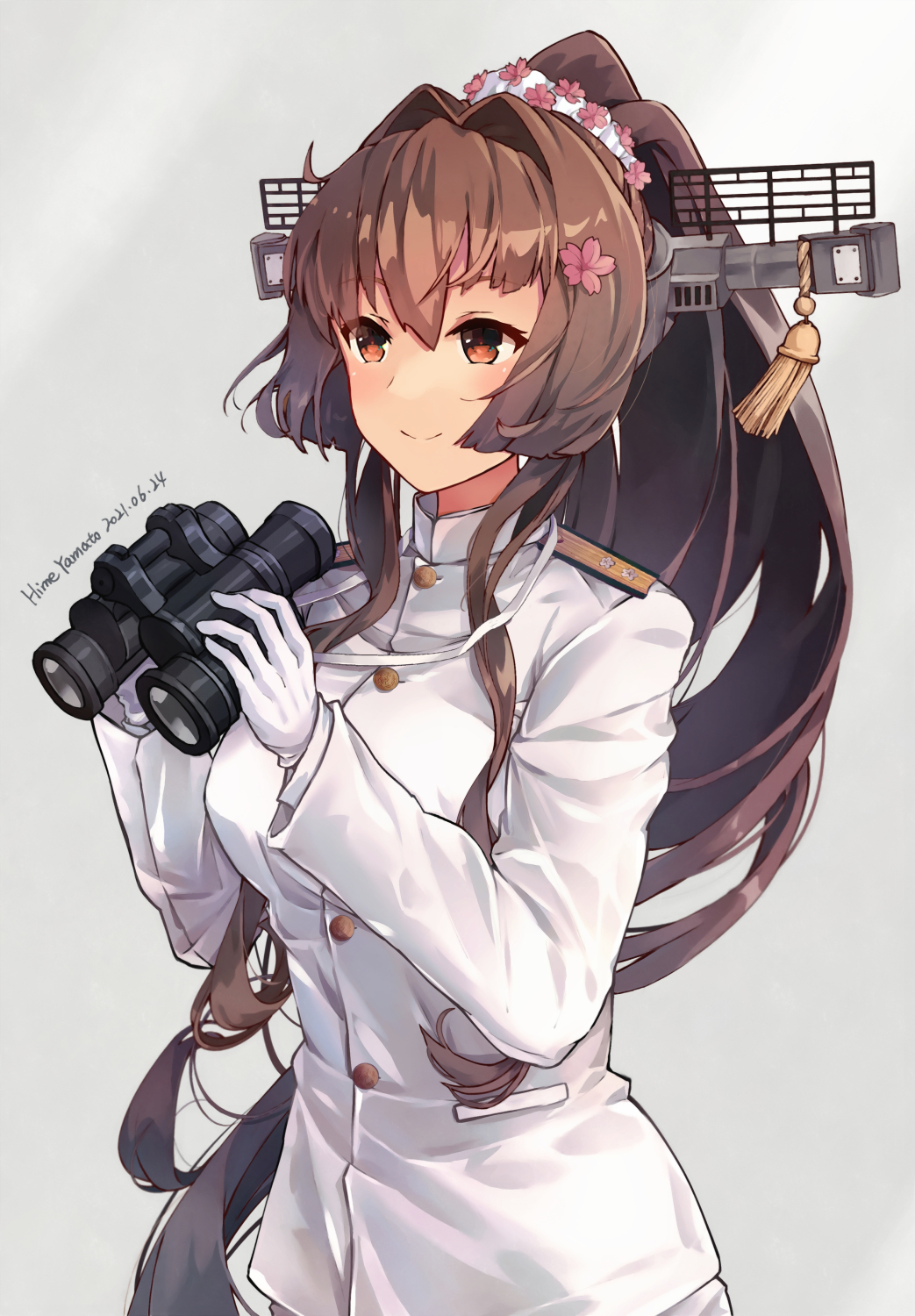 binoculars breasts brown_eyes brown_hair cherry_blossoms flower gloves hair_flower hair_ornament highres himeyamato jacket kantai_collection large_breasts long_hair military military_uniform ponytail smile uniform very_long_hair white_gloves white_jacket yamato_(kancolle)