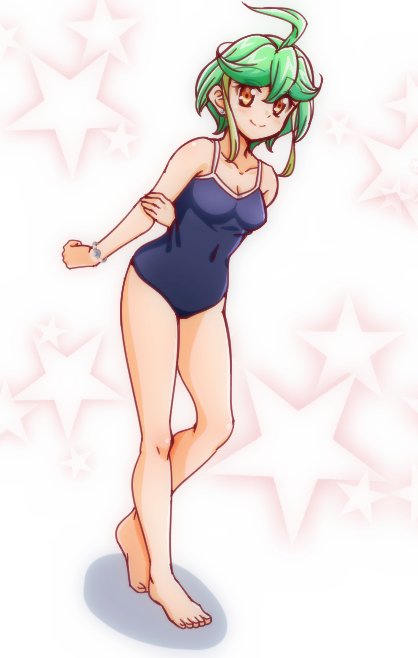 1girl ahoge green_hair multicolored_hair orange_eyes rin_(yuu-gi-ou_arc-v) strt swimsuit yuu-gi-ou yuu-gi-ou_arc-v