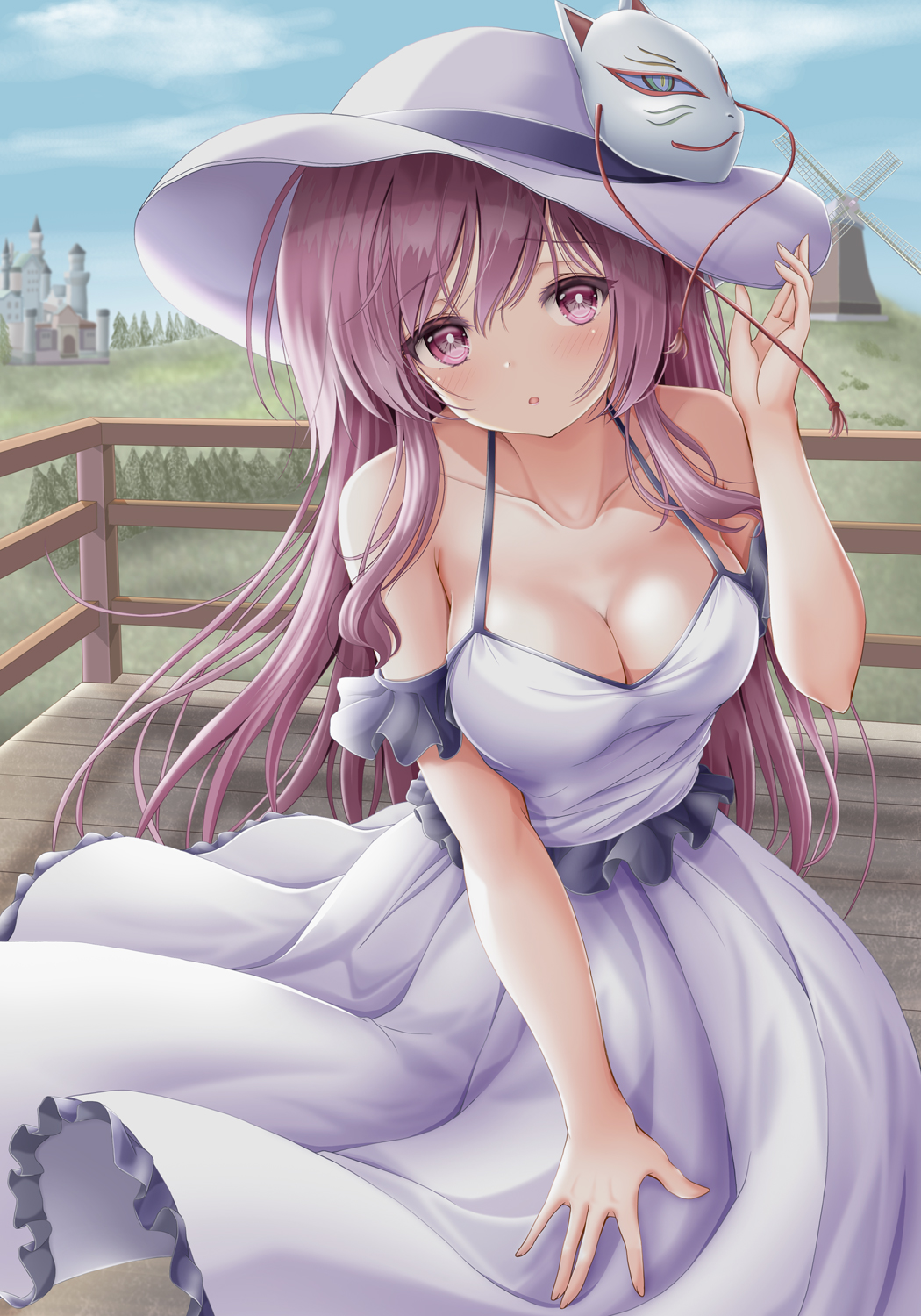 1girl akino_irori bangs bare_shoulders blue_sky breasts castle clouds cloudy_sky dress eyebrows_visible_through_hair grass hair_between_eyes hand_on_headwear hand_up hat hata_no_kokoro highres holding long_hair looking_at_viewer mask medium_breasts pink_eyes pink_hair sky sleeveless standing touhou white_dress white_headwear