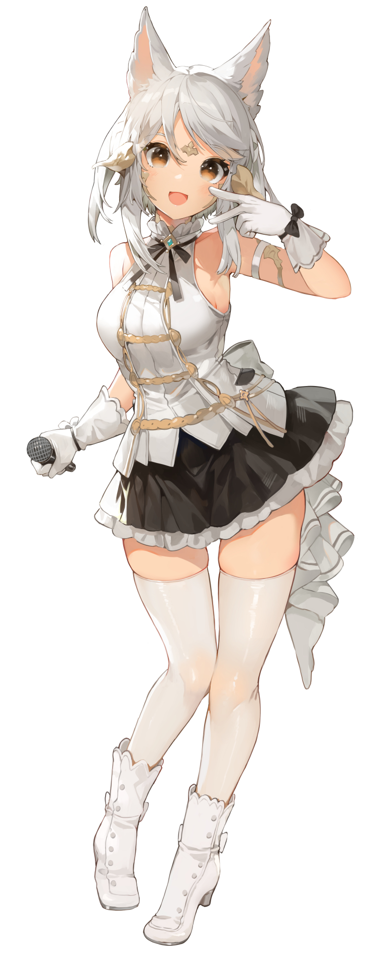 1girl :d akizone animal_ears boots breasts brown_eyes commentary final_fantasy final_fantasy_xiv full_body gloves highres looking_at_viewer miniskirt open_mouth short_hair simple_background skirt smile solo standing thigh-highs white_background white_footwear white_gloves