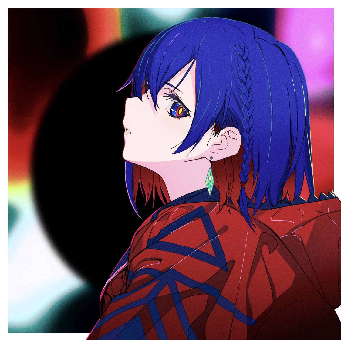 1girl blue_hair braid colored_inner_hair earrings hood hood_down hooded_jacket jacket jewelry kamitsubaki_studio looking_at_viewer multicolored multicolored_eyes multicolored_hair parted_lips profile red_jacket redhead rim_(kamitsubaki_studio) short_hair side_braid solo sphere tarou2 two-tone_hair upper_body virtual_youtuber yellow_pupils