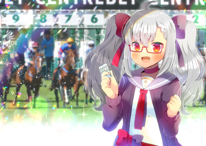 1girl 6+boys :d ahoge animal bangs black_bow black_cardigan blurry blurry_background blush bow braid braided_bangs breasts cardigan depth_of_field eyebrows_visible_through_hair fang glasses grey_hair grey_sailor_collar hair_bow holding horse horse_racing indie_virtual_youtuber kouu_hiyoyo long_hair mashiro_karin multiple_boys open_cardigan open_clothes open_mouth red-framed_eyewear red_bow red_eyes red_neckwear sailor_collar school_uniform semi-rimless_eyewear serafuku shirt short_eyebrows small_breasts smile solo_focus thick_eyebrows twintails under-rim_eyewear upper_body v-shaped_eyebrows white_shirt