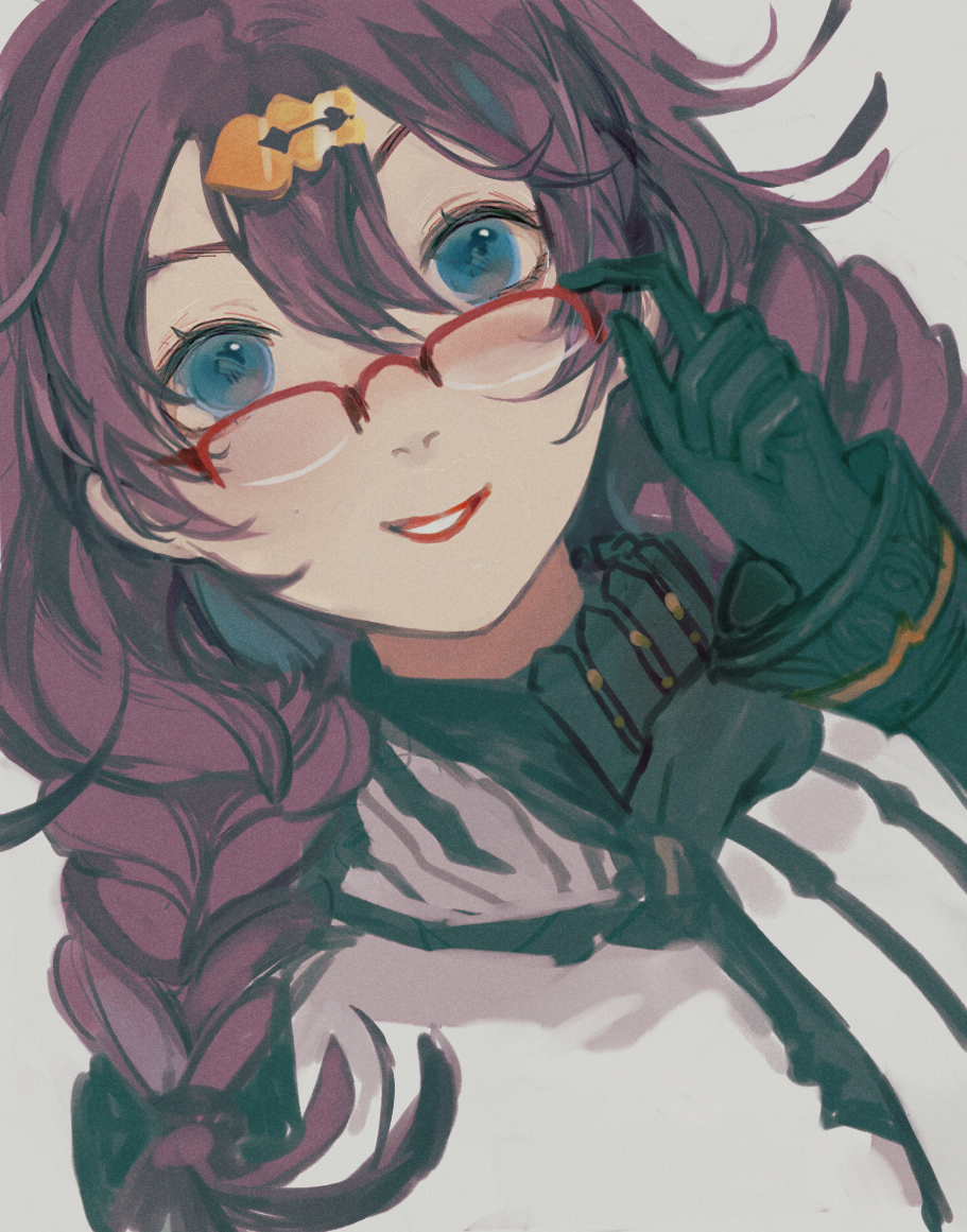 1girl adjusting_eyewear black_gloves blue_eyes braid cape dorothy_(sinoalice) glasses gloves grey_background hair_ornament hairclip high_collar lipstick long_hair looking_at_viewer makeup parted_lips purple_hair senryoko simple_background sinoalice sketch smile solo teeth