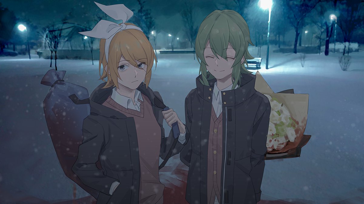 2girls bag black_jacket blonde_hair blood blood_drip blue_eyes bouquet bow brown_cardigan cardigan carrying_over_shoulder closed_mouth dripping facing_viewer flower green_hair gumi hair_bow hand_in_pocket jacket kagamine_rin lamp looking_at_viewer multiple_girls night outdoors sack smile snow snowing standing upper_body vocaloid white_bow white_flower winter wounds404