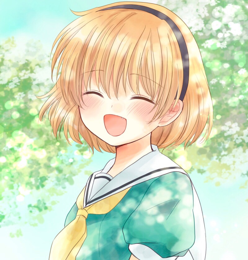 1girl :d ^_^ bangs blonde_hair blush closed_eyes dress eyebrows_visible_through_hair fang green_dress higurashi_no_naku_koro_ni houjou_satoko maekawa_suu necktie open_mouth outdoors sailor_collar sailor_dress short_hair smile solo tree upper_body yellow_neckwear