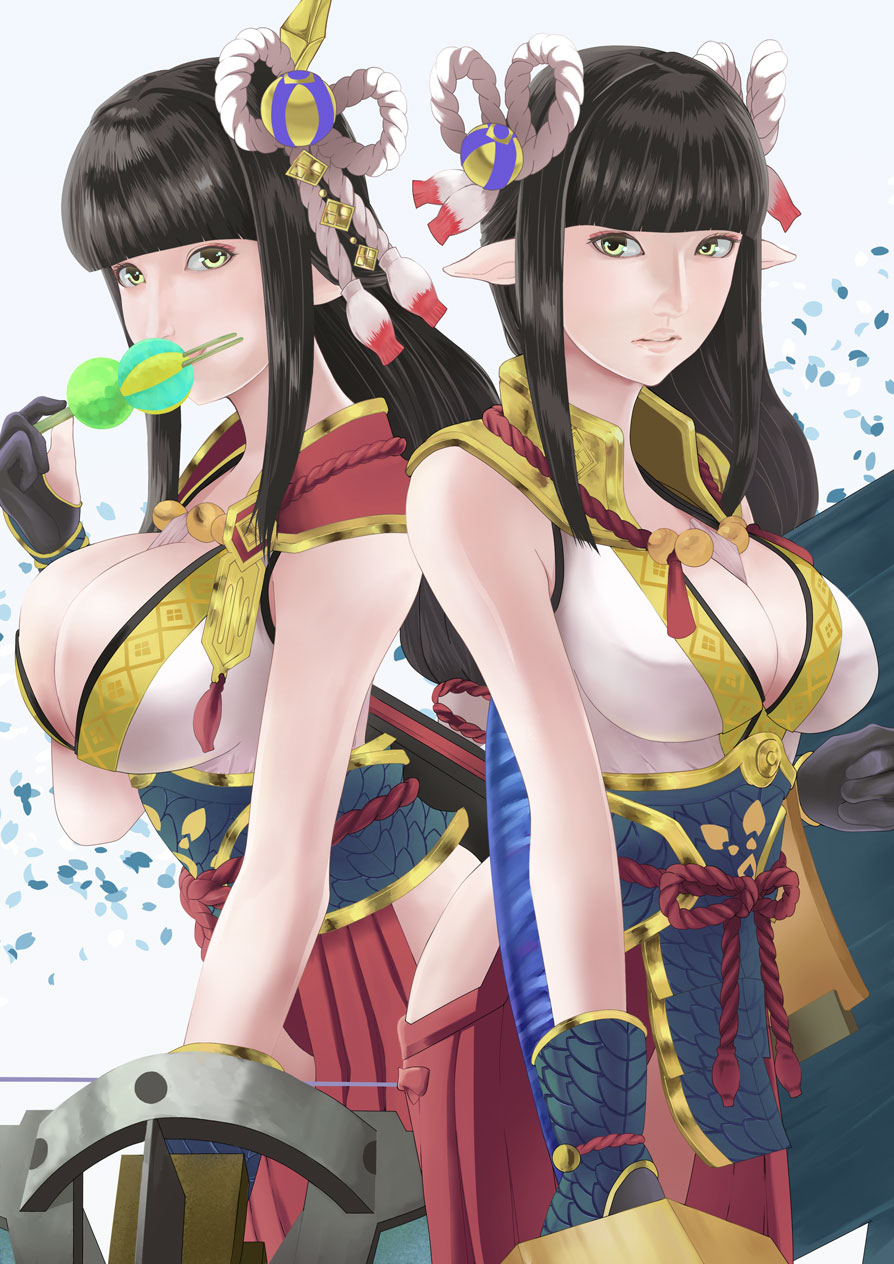 2girls black_hair blush breasts exposed_shoulders hinoa holding_weapon japanese_clothes kimono lips long_hair minoto monster_hunter monster_hunter_(series) monster_hunter_rise multiple_girls pointy_ears siblings twins zoe_(pixiv14958522)