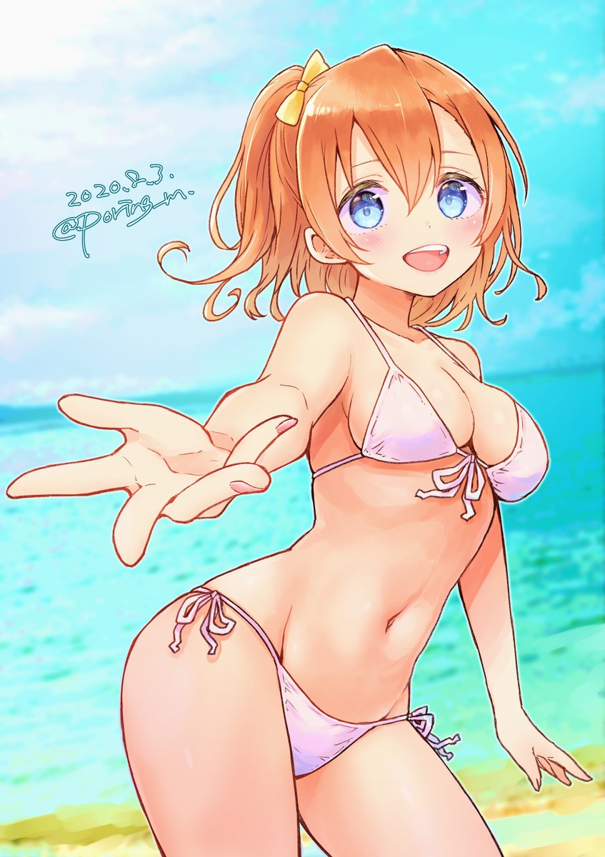 1girl bad_id bad_twitter_id bangs beach bikini blue_eyes blue_sky blurry blurry_background clouds cloudy_sky commentary cowboy_shot dated day depth_of_field duplicate dutch_angle front-tie_bikini front-tie_top groin hair_ribbon halterneck highres horizon kousaka_honoka looking_at_viewer love_live! love_live!_school_idol_project medium_hair miyamae_porin navel ocean one_side_up open_mouth orange_hair outdoors pixel-perfect_duplicate reaching_out ribbon short_hair side-tie_bikini sky smile solo standing string_bikini swimsuit twitter_username white_bikini yellow_ribbon