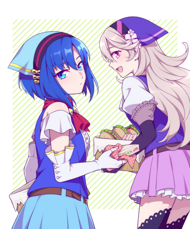 2girls blue_eyes blue_hair catria_(fire_emblem) corrin_(fire_emblem) corrin_(fire_emblem)_(female) elbow_gloves fingerless_gloves fire_emblem fire_emblem:_mystery_of_the_emblem fire_emblem:_new_mystery_of_the_emblem fire_emblem:_shadow_dragon fire_emblem:_shadow_dragon_and_the_blade_of_light fire_emblem_fates fire_emblem_heroes food gloves handkerchief head_scarf hiyori_(rindou66) holding holding_food long_hair looking_at_viewer multiple_girls pointy_ears red_eyes sandwich short_hair skirt smile white_hair