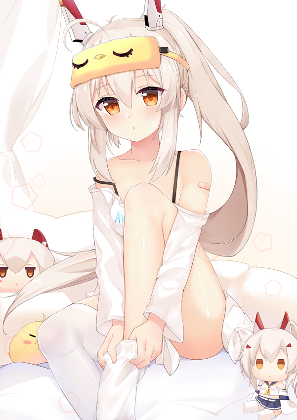 1girl adjusting_clothes adjusting_legwear ass ayanami_(azur_lane) ayanami_(off-duty_battle_station_gear)_(azur_lane) azur_lane bandaid bandaid_on_arm bangs bare_shoulders bed bed_sheet casual character_doll collarbone commentary_request eyebrows_visible_through_hair hair_between_eyes hair_ornament hairclip half_mask headgear kana_(kuaua) long_hair looking_at_viewer manjuu_(azur_lane) mask mask_on_head orange_eyes parted_lips pillow ponytail retrofit_(azur_lane) shirt sidelocks silver_hair solo white_legwear white_shirt