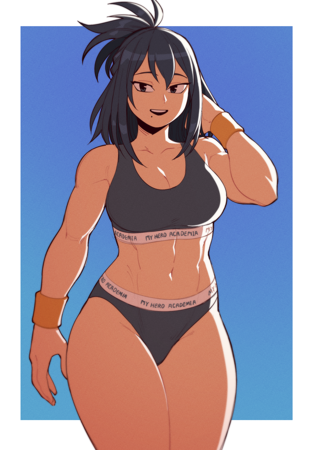 1girl abs black_hair boku_no_hero_academia breasts clothes_writing english_commentary english_text hand_in_hair highres looking_at_viewer medium_hair midriff mole mole_under_mouth muscular muscular_female navel shimura_nana simple_background solo sports_bikini suoiresnu tied_hair toned wristband