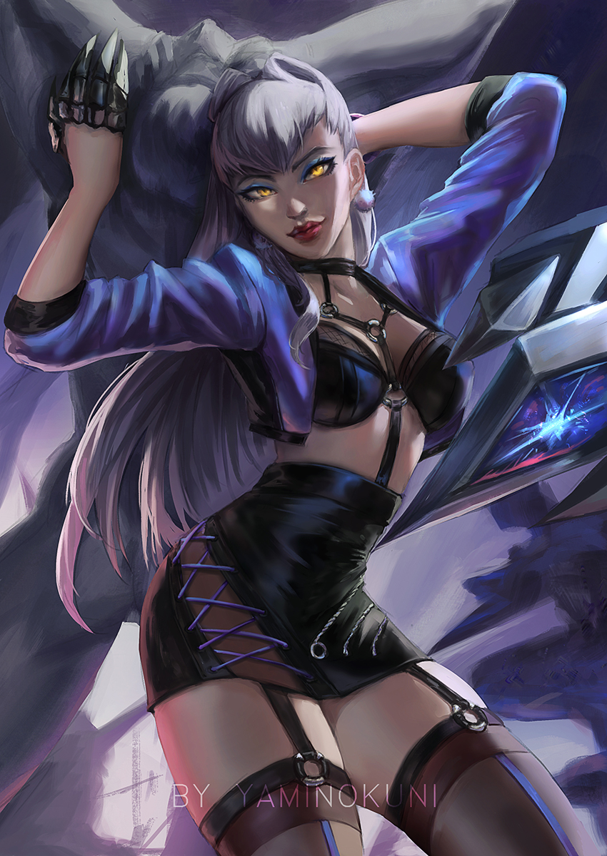1girl breasts claws demon_girl evelynn_(league_of_legends) garter_straps highres k/da_(league_of_legends) kneehighs league_of_legends lipstick long_hair looking_at_viewer makeup open_clothes silver_hair skirt statue yaminokuni yellow_eyes