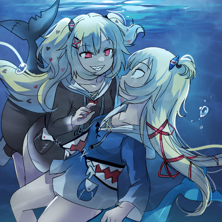 2girls akai_haato alternate_eye_color blonde_hair blue_eyes blue_hoodie bottomless bubble collarbone commentary cosplay dark_persona dual_persona eye_contact fish_tail gawr_gura gawr_gura_(cosplay) hair_ornament hair_ribbon hairclip heart heart_hair_ornament himuhino hololive hololive_english hood hoodie long_hair looking_at_another multiple_girls pocket red_eyes red_nails ribbon shark_tail sharp_teeth smirk tail teeth underwear wide-eyed