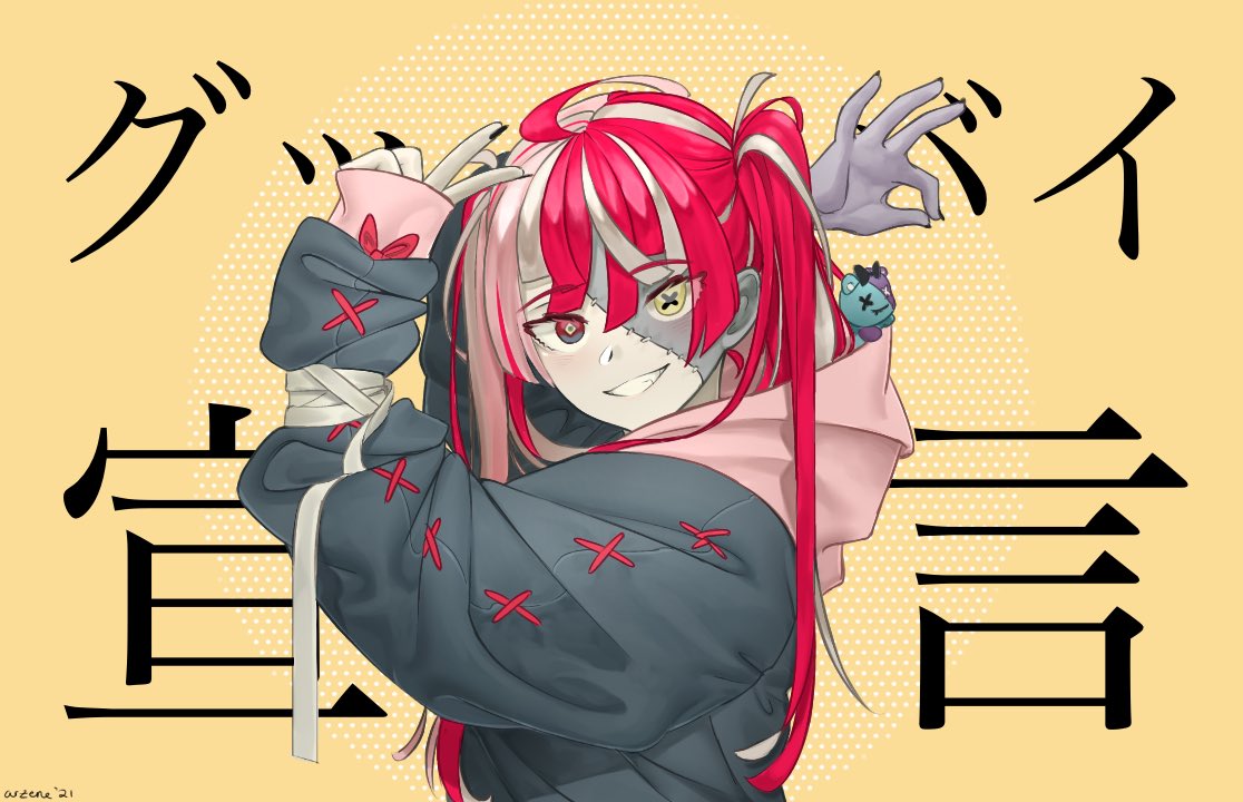 1girl black_hoodie colored_skin goodbye_sengen_(vocaloid) grey_hair grey_skin heterochromia hololive hololive_indonesia hood hood_down hoodie kureiji_ollie long_hair long_sleeves mismatched_pupils multicolored_hair ok_sign parody patchwork_skin pink_hair red_eyes redhead smile solo stitched_face stitches upper_body virtual_youtuber yellow_eyes zen_(arzene_) zombie