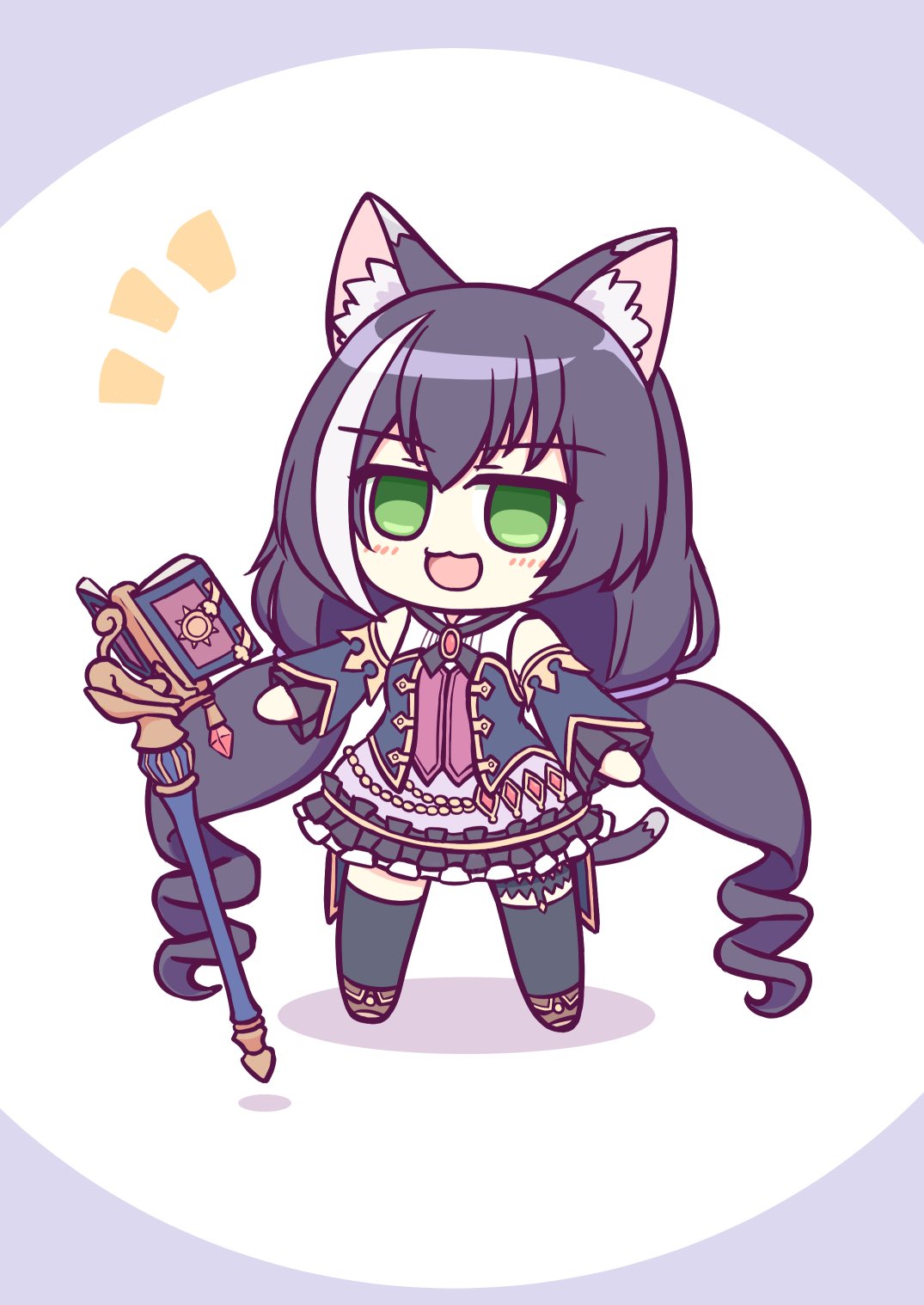 1girl :3 :d animal_ears bangs black_hair black_legwear book cat_ears cat_tail chibi commentary_request detached_sleeves drill_hair eyebrows_visible_through_hair eyes_visible_through_hair frilled_skirt frills full_body green_eyes hair_between_eyes highres karyl_(princess_connect!) kashimu long_hair looking_at_viewer multicolored_hair open_mouth princess_connect! sidelocks simple_background skirt smile solo staff streaked_hair tail thigh-highs twin_drills twintails two-tone_hair zettai_ryouiki
