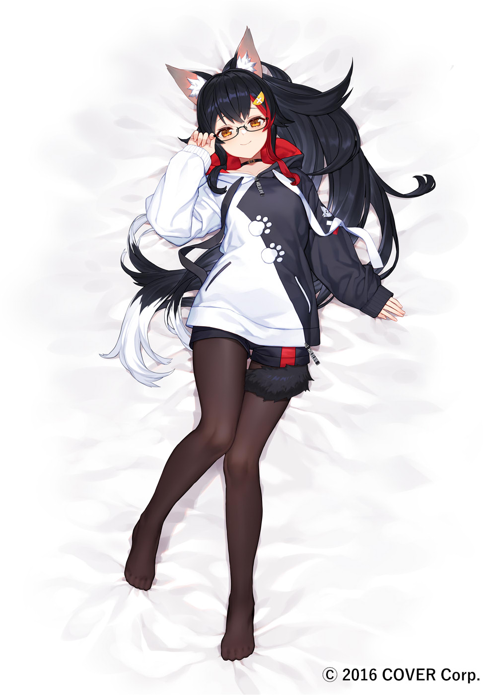 1girl adjusting_eyewear animal_ear_fluff animal_ears bed_sheet black-framed_eyewear black_choker black_hair black_hoodie black_legwear black_shorts blush choker closed_mouth commentary from_above full_body glasses highres hololive hood hoodie izumi_sai knees_together_feet_apart long_hair long_sleeves looking_at_viewer multicolored_hair official_alternate_costume official_art ookami_mio orange_eyes pantyhose paw_print paw_print_pattern ponytail redhead semi-rimless_eyewear short_shorts shorts sidelocks smile solo streaked_hair tail tail_around_leg two-tone_hoodie virtual_youtuber watermark white_hair white_hoodie wolf_ears wolf_girl wolf_tail