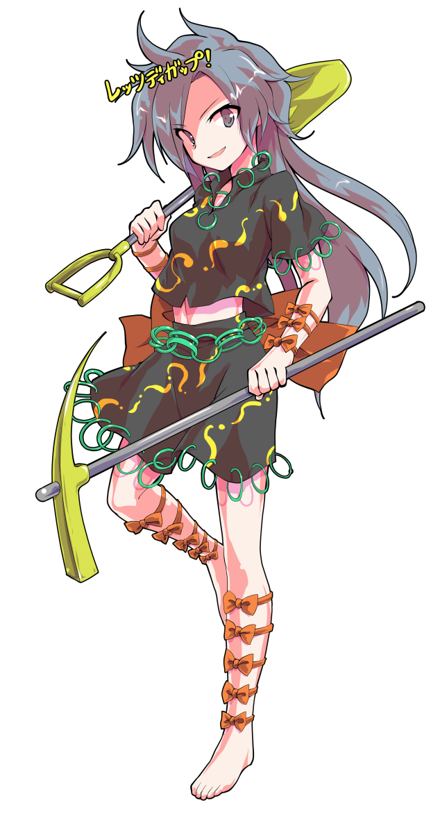 1girl bangs barefoot bow breasts dairi explosive eyebrows_visible_through_hair grey_eyes grey_hair grey_shirt grey_skirt hand_up himemushi_momoyo jewelry leg_up long_hair looking_at_viewer medium_breasts mine_(weapon) open_mouth orange_bow ring shirt simple_background skirt smile solo standing standing_on_one_leg t-shirt tachi-e touhou white_background