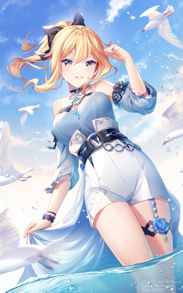 1girl aqua_flower bare_shoulders beach bird blonde_hair blouse blue_blouse blue_eyes blue_sky bow bracelet breasts brooch clouds genshin_impact hair_bow high-waist_shorts highres jean_(genshin_impact) jean_(sea_breeze_dandelion)_(genshin_impact) jewelry large_breasts official_alternate_costume partially_submerged rimuu shorts sidelocks sky thighlet water white_shorts