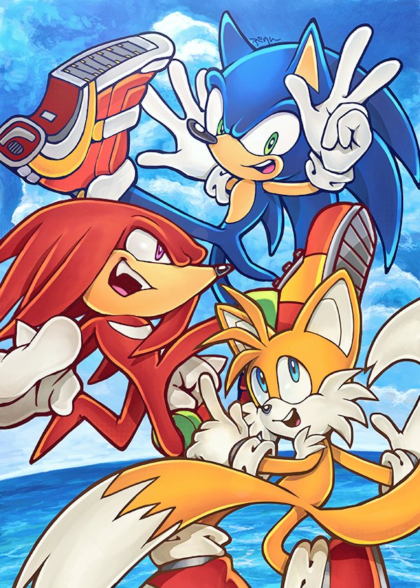 3boys blue_eyes blue_sky floating fox_boy furry gloves green_eyes hedgehog_boy knuckles_the_echidna male_focus multiple_boys multiple_tails ocean purin_(iddunpg) red_footwear sky sonic_(series) sonic_adventure_2 sonic_the_hedgehog tail tails_(sonic) two_tails violet_eyes white_gloves