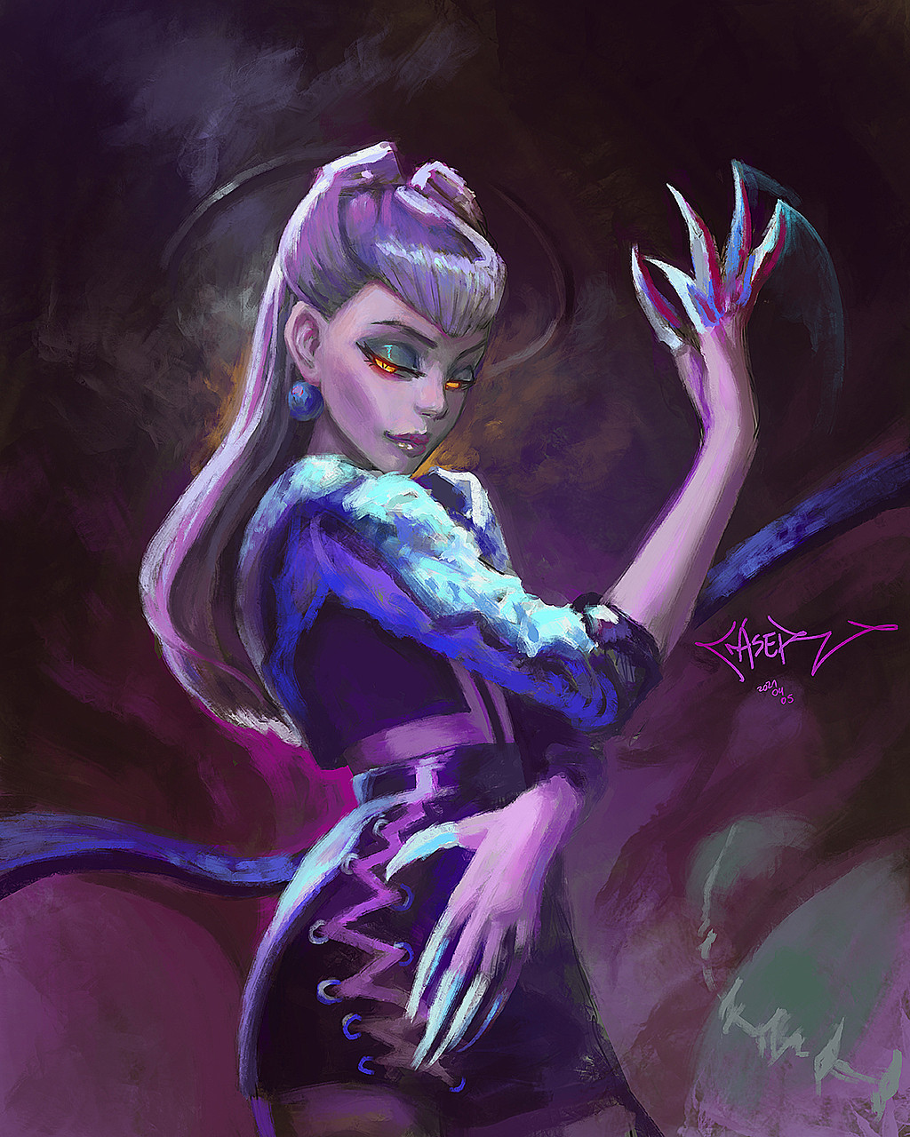 1girl claws craser cropped_jacket demon_girl earrings evelynn_(league_of_legends) garter_straps glowing glowing_eyes highres jewelry kneehighs league_of_legends long_hair looking_at_viewer makeup open_clothes silver_hair skirt the_baddest_evelynn yellow_eyes