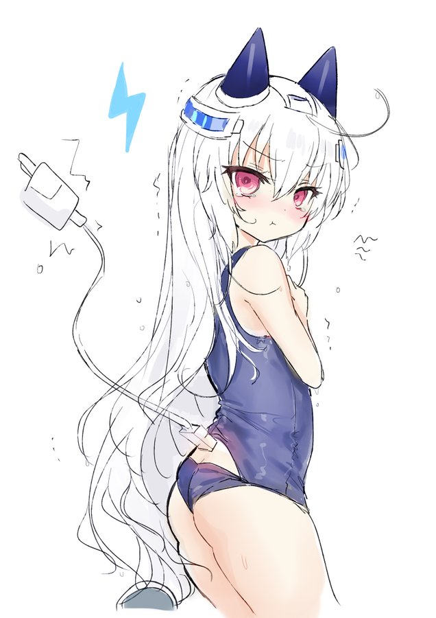 1girl :t ass bangs bare_arms bare_shoulders blue_swimsuit blush closed_mouth eyebrows_visible_through_hair hair_between_eyes hair_ornament indie_virtual_youtuber lightning_bolt_symbol long_hair looking_at_viewer looking_to_the_side official_art old_school_swimsuit one-piece_swimsuit padko pout red_eyes school_swimsuit shiodome_oji simple_background solo swimsuit tail tail_raised trembling very_long_hair virtual_youtuber wet wet_hair white_background white_hair