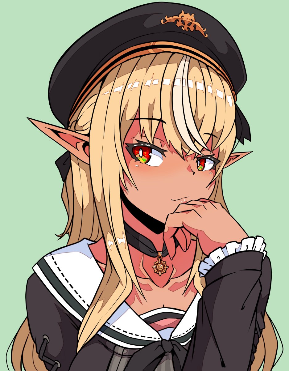 1girl aikohgin beret black_choker blonde_hair bright_pupils choker closed_mouth collarbone dark-skinned_female dark_skin elf emblem fingernails frilled_sleeves frills green_background hand_on_own_chin hat hat_ribbon highres hololive light_smile lips long_hair looking_at_viewer multicolored_hair pendant_choker pointy_ears red_eyes ribbon sailor_collar school_uniform shiranui_flare sidelocks simple_background solo streaked_hair tsurime upper_body virtual_youtuber white_pupils