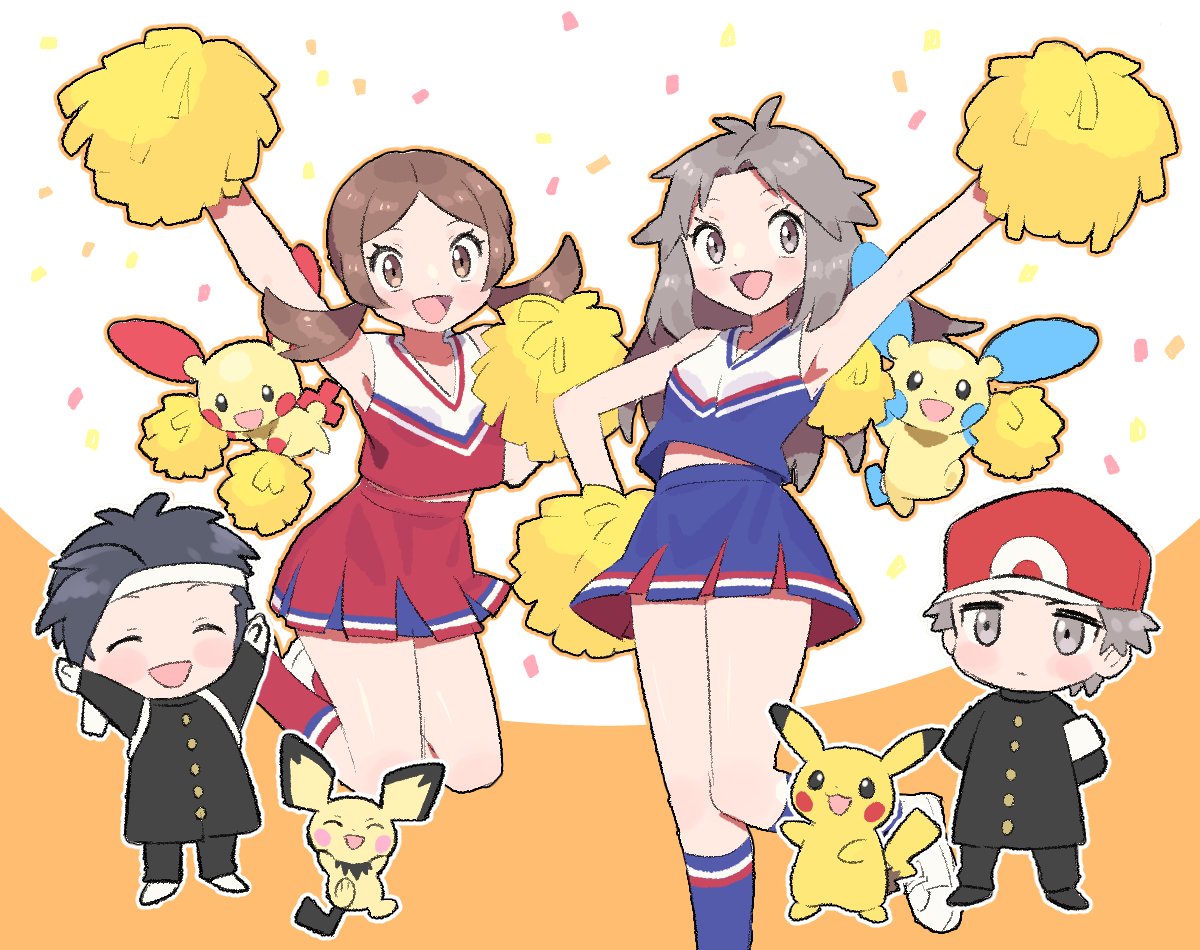 2boys 2girls :d alternate_costume arm_up armpits bangs baseball_cap black_hair blush brown_eyes brown_hair buttons cheerleader coat commentary_request confetti ethan_(pokemon) eyelashes gen_1_pokemon gen_2_pokemon gen_3_pokemon hair_flaps hat headband holding holding_pom_poms leaf_(pokemon) long_hair lyra_(pokemon) minun multiple_boys multiple_girls open_mouth outline pants parted_bangs pichu pikachu plusle pokemon pokemon_(creature) pokemon_(game) pokemon_frlg pokemon_hgss pom_pom_(cheerleading) pumpkinpan red_(pokemon) red_headwear shirt shoes short_hair skirt sleeveless sleeveless_shirt smile socks tongue twintails white_footwear white_headband