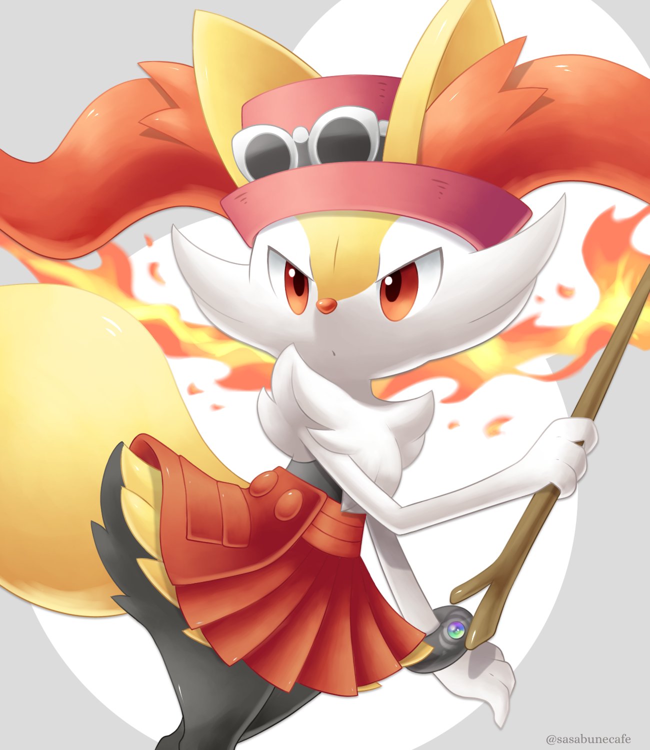 bracelet braixen closed_mouth clothed_pokemon cosplay eyewear_on_headwear fire gen_6_pokemon hand_up hat highres holding holding_stick jewelry looking_to_the_side mixed-language_commentary orange_eyes orange_skirt pink_headwear pleated_skirt pokemon pokemon_(creature) pokemon_(game) pokemon_xy sasabunecafe serena_(pokemon) serena_(pokemon)_(cosplay) skirt solo stick sunglasses twitter_username white-framed_eyewear white_fur