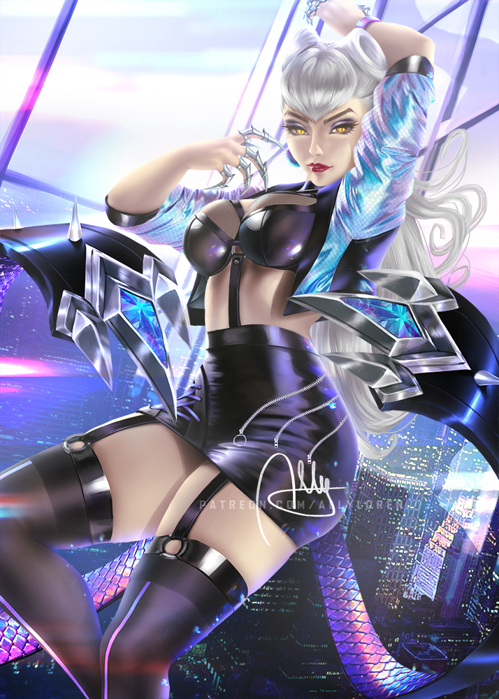 1girl allyloren city city_lights claws cropped_jacket demon_girl evelynn_(league_of_legends) garter_straps kneehighs league_of_legends long_hair looking_at_viewer lying makeup open_clothes shiny shiny_clothes silver_hair skirt the_baddest_evelynn yellow_eyes