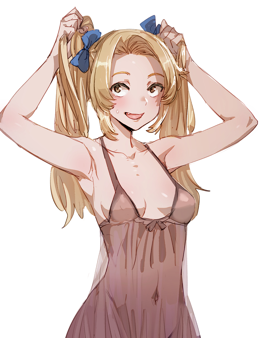 1girl :d blonde_hair blue_bow blush bow bow_(bhp) breasts bunching_hair fang hair_bow hands_above_head hands_up long_hair medium_breasts navel nightgown open_mouth original simple_background smile solo sweatdrop twintails upper_body white_background yellow_eyes