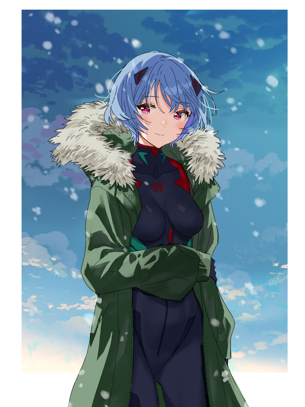 1girl ayanami_rei bangs blue_hair bodysuit bodysuit_under_clothes border breasts closed_mouth coat commentary_request evangelion:_3.0_you_can_(not)_redo fur_collar green_coat hanae_haruka highres interface_headset long_sleeves neon_genesis_evangelion open_clothes open_coat outside_border plugsuit rebuild_of_evangelion red_eyes short_hair sky sleeves_past_fingers sleeves_past_wrists smile snowing solo standing white_border winter_clothes