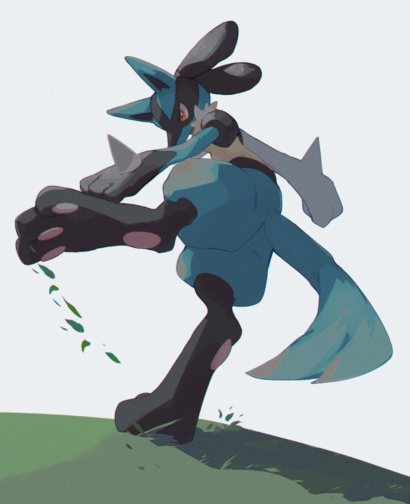 bokubo commentary_request from_below full_body furry gen_4_pokemon grass grey_background highres leaves_in_wind leg_up looking_down lucario orange_eyes pokemon pokemon_(creature) solo spikes standing standing_on_one_leg toes yellow_fur