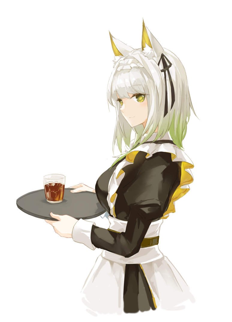 1girl alcohol animal_ear_fluff apron arknights black_dress black_ribbon closed_mouth commentary cowboy_shot cropped_torso dress english_commentary eyebrows_visible_through_hair from_side glass gradient_hair green_eyes green_hair hair_ribbon holding holding_tray juliet_sleeves kal'tsit_(arknights) long_sleeves looking_at_viewer looking_to_the_side lynx_ears maid maid_apron maid_headdress medium_hair multicolored_hair nejikyuu puffy_sleeves ribbon simple_background smile solo tray white_background white_hair