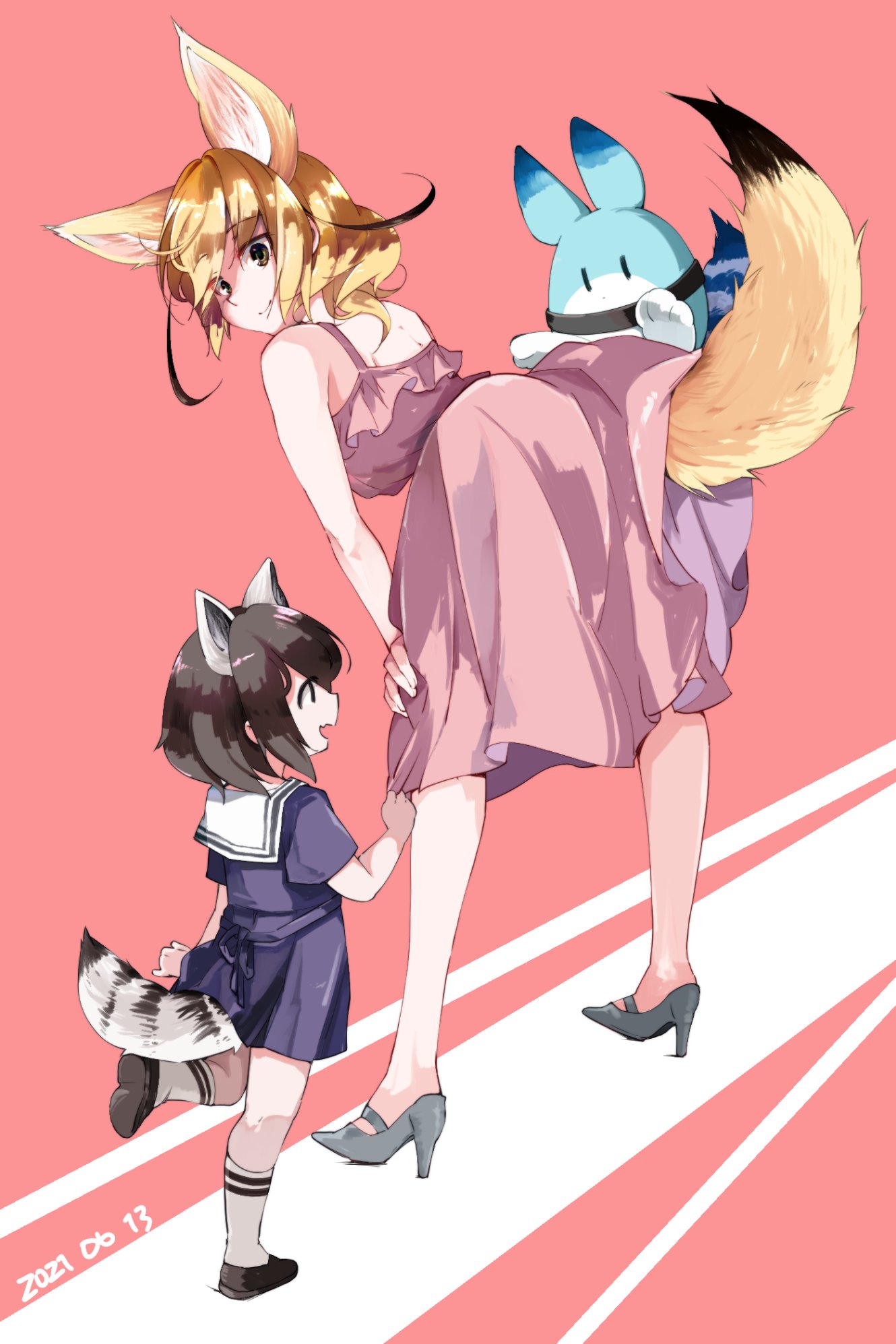 2girls alternate_costume animal_ears bare_shoulders blonde_hair blue_shirt blue_skirt brown_footwear brown_hair casual child commentary_request common_raccoon_(kemono_friends) dress dress_tug extra_ears eyebrows_visible_through_hair fennec_(kemono_friends) fox_ears fox_girl fox_tail high_heels highres kemono_friends loafers lucky_beast_(kemono_friends) multiple_girls nanana_(nanana_iz) pink_dress pleated_skirt raccoon_ears raccoon_girl raccoon_tail sailor_collar school_uniform shirt shoes short_hair short_sleeves skirt sleeveless socks spaghetti_strap tail white_legwear younger