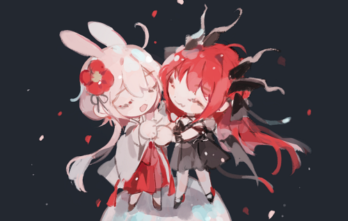 2girls animal_ears black_dress chibi closed_eyes closed_mouth dragon_girl dress flower full_body hair_flower hair_ornament horns indie_virtual_youtuber kuzuryu_io long_hair lowres multiple_girls open_mouth petals pink_hair redhead shirazuya_eru storybuns virtual_youtuber