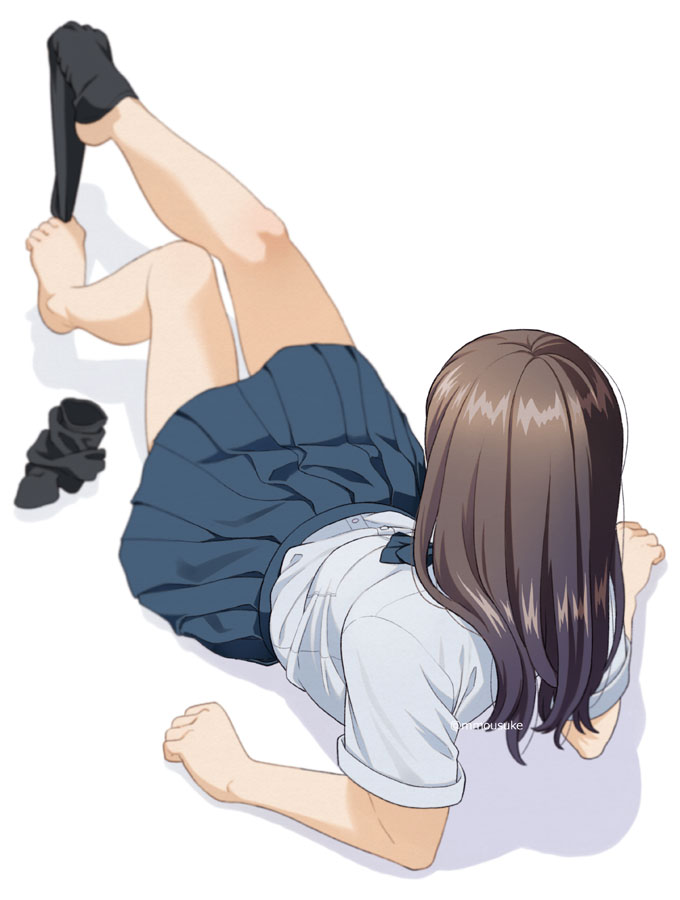 1girl arm_support artist_name brown_hair facing_away hidden_face long_hair lying mattaku_mousuke miniskirt on_back original school_uniform skirt sock_dangle sock_pull solo watermark