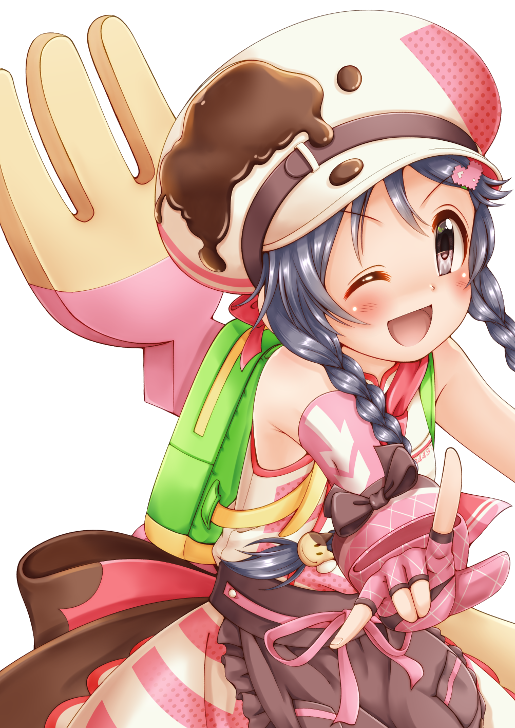 1girl ;d apron bangs bare_shoulders black_apron black_hair blush braid cabbie_hat dress eyebrows_visible_through_hair frilled_apron frills gloves grey_eyes hair_over_shoulder hat highres idolmaster idolmaster_cinderella_girls idolmaster_cinderella_girls_starlight_stage index_finger_raised long_hair looking_at_viewer miyoshi_sana one_eye_closed open_mouth outstretched_arm partially_fingerless_gloves pink_gloves regular_mow revision simple_background sleeveless sleeveless_dress smile solo striped twin_braids v-shaped_eyebrows very_long_hair waist_apron white_background white_dress white_headwear