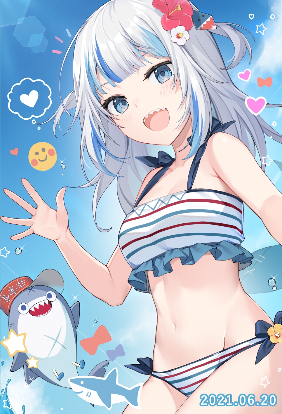 1girl bangs bikini bloop_(gawr_gura) blue_eyes blue_hair blue_sky breasts flower frilled_bikini frills gawr_gura hair_flower hair_ornament hibiscus highres hololive hololive_english looking_at_viewer multicolored_hair official_art open_mouth sharp_teeth silver_hair sky small_breasts solo streaked_hair striped striped_bikini swimsuit teeth two_side_up virtual_youtuber