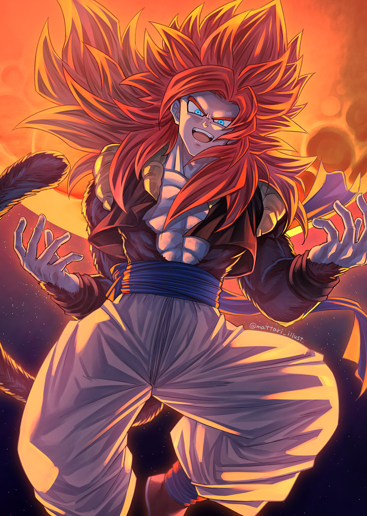 1boy :d blue_eyes blue_sash body_fur dragon_ball dragon_ball_gt fur gogeta long_hair looking_at_viewer male_focus mattari_illust metamoran_vest monkey_tail open_mouth pants redhead sash smile solo super_saiyan super_saiyan_4 tail white_pants