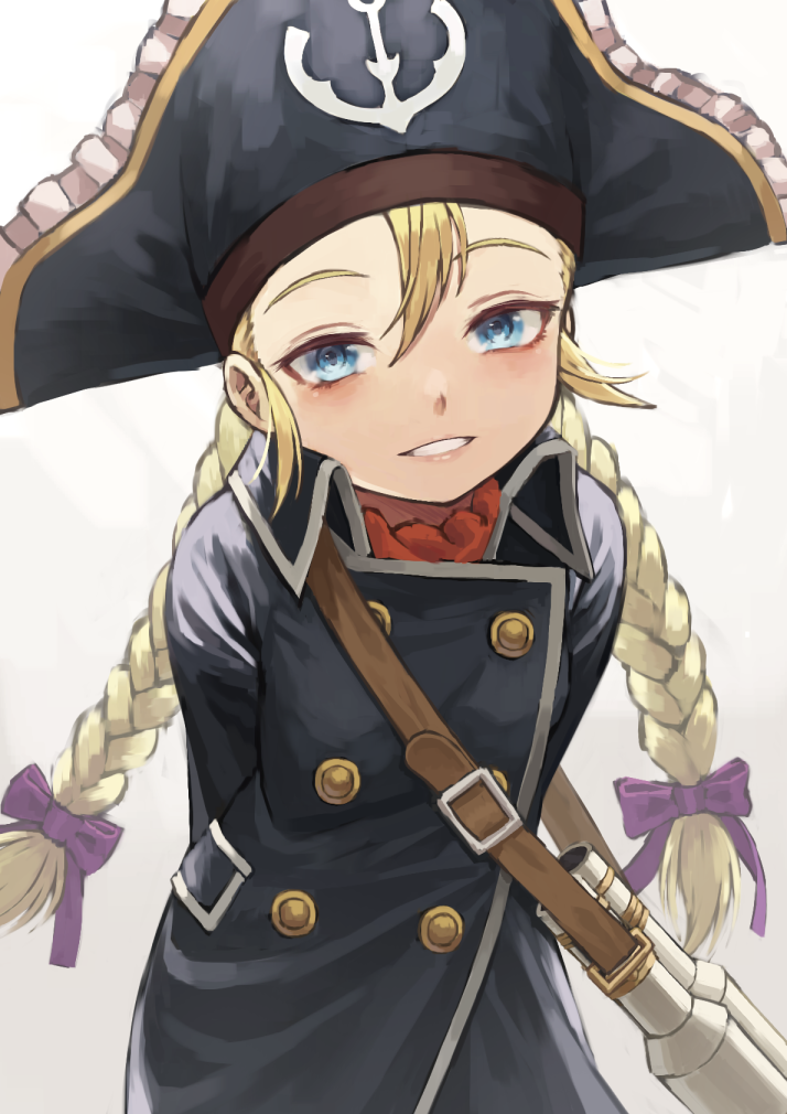 1girl anchor_print arms_behind_back bangs black_headwear blonde_hair blue_eyes blue_ribbon blush bow braid buttons commentary_request cowboy_shot double-breasted fagi_(kakikaki) grey_background hair_bow hair_ribbon hat long_hair looking_at_viewer patty_fleur pirate pirate_hat purple_bow red_neckwear revision ribbon simple_background smile solo tales_of_(series) tales_of_vesperia teeth twin_braids