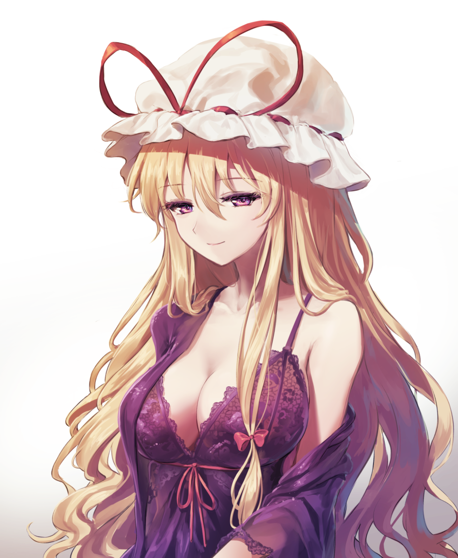 1girl bangs banned_artist bare_shoulders blonde_hair breasts commentary_request eyebrows_visible_through_hair gradient gradient_background grey_background hair_between_eyes hat hat_ribbon large_breasts lingerie looking_at_viewer minust mob_cap off_shoulder red_ribbon ribbon smile solo touhou underwear upper_body violet_eyes white_background white_headwear yakumo_yukari