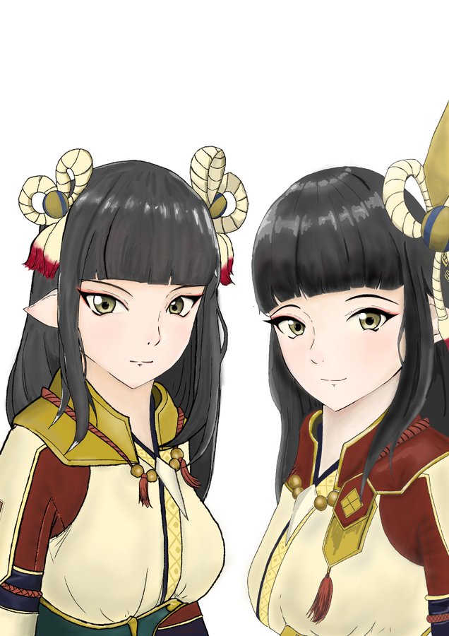 2girls 3gyutvw0zajovsg black_hair blush breasts hinoa japanese_clothes kimono long_hair minoto monster_hunter monster_hunter_(series) monster_hunter_rise pointy_ears siblings twins