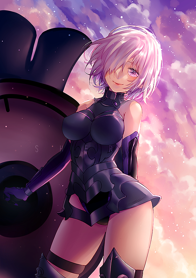 1girl armor arms_behind_back artist_name black_armor blush boobplate breasts closed_mouth commentary detached_sleeves english_commentary eyebrows_visible_through_hair fate/grand_order fate_(series) floating_hair gauntlets hair_over_one_eye holding holding_shield holding_weapon large_breasts light_particles lips looking_at_viewer mash_kyrielight outdoors pink_eyes pink_hair red_lips sheryu shield short_hair sky sleeveless smile solo thigh-highs thighs weapon