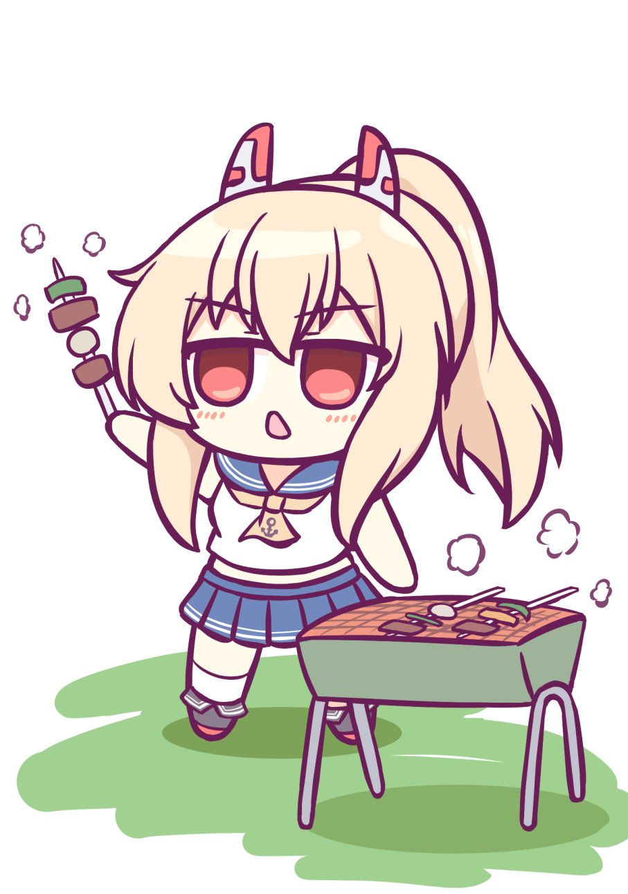 1girl anchor_symbol arm_up ayanami_(azur_lane) azur_lane bangs barbecue blue_skirt chibi commentary_request eyebrows_visible_through_hair food full_body hair_between_eyes headgear highres holding holding_food kashimu light_brown_hair long_hair looking_at_viewer midriff pleated_skirt ponytail red_eyes school_uniform serafuku sidelocks simple_background skirt solo