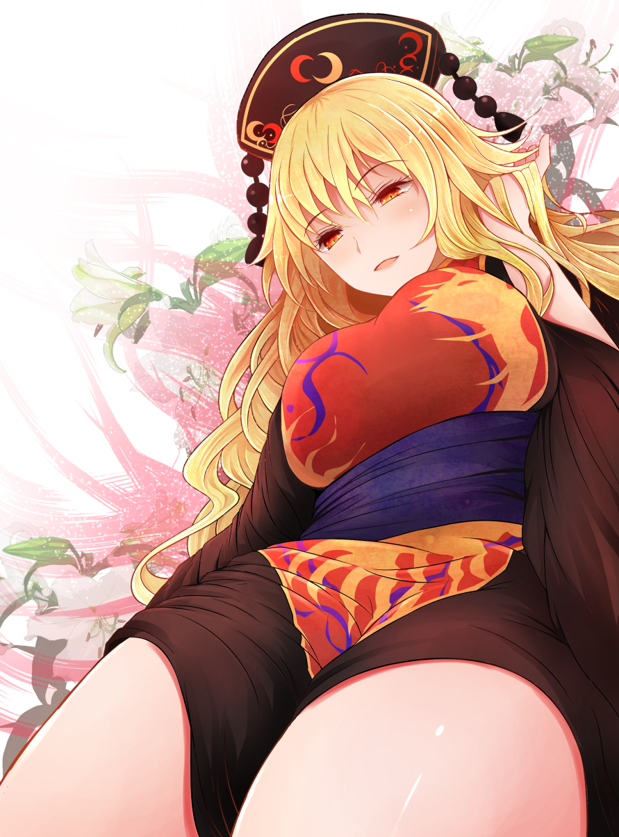 1girl arano_oki arm_up bangs belt blonde_hair blue_belt breasts brown_dress brown_headwear brown_sleeves commentary_request crescent dress eyebrows_visible_through_hair floral_background flower hair_between_eyes hand_up hat highres junko_(touhou) large_breasts leaf legs lily_(flower) long_hair long_sleeves looking_down open_mouth pom_pom_(clothes) red_eyes red_vest sitting smile solo touhou vest white_background