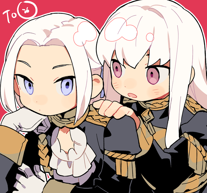 2girls blush cape closed_mouth d.y.x. edelgard_von_hresvelg fire_emblem fire_emblem:_three_houses garreg_mach_monastery_uniform gloves hair_ornament hair_ribbon long_hair long_sleeves lysithea_von_ordelia multiple_girls pink_eyes ribbon simple_background uniform upper_body violet_eyes white_background white_hair