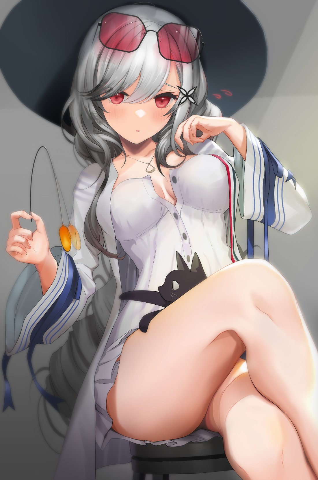 1girl asymmetrical_hair azur_lane black_cat black_headwear breasts buttons cat collarbone dress dunkerque_(afternoon_aphrodite)_(azur_lane) dunkerque_(azur_lane) eyewear_on_head grey_hair grey_jacket grey_skirt hair_ornament hairclip hat highres jacket jewelry long_hair looking_at_viewer medium_breasts nanam_(nanam_sk) necklace pleated_skirt red_eyes sitting skirt solo sun_hat sunglasses white_dress wide_sleeves