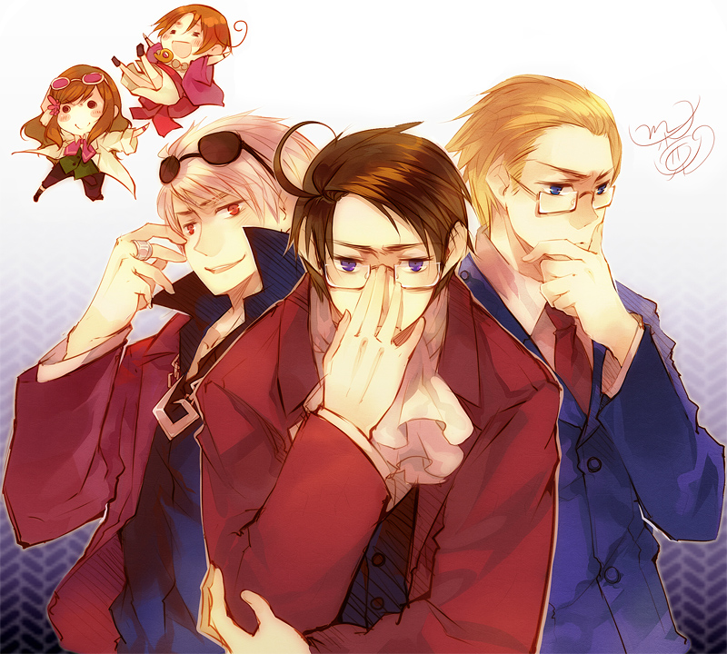 4boys adjusting_glasses ahoge alternate_costume arm_up austria_(hetalia) axis_powers_hetalia ayasato_mayoi ayasato_mayoi_(cosplay) bangs blonde_hair blue_eyes brown_hair capcom chibi chin_hold closed_eyes cosplay cravat crossdressinging flower formal garyuu_kyouya garyuu_kyouya_(cosplay) germany_(hetalia) glasses grey_hair gyakuten_kenji gyakuten_saiban hair_flower hair_ornament happy houzuki_akane houzuki_akane_(cosplay) hungary_(hetalia) japanese_clothes jewelry kimono labcoat long_hair magatama minatsume mitsurugi_reiji mitsurugi_reiji_(cosplay) multiple_boys naruhodou_ryuuichi naruhodou_ryuuichi_(cosplay) necklace necktie northern_italy_(hetalia) open_clothes open_jacket open_mouth outline prussia_(hetalia) purple_eyes red_eyes ring suit sunglasses sunglasses_on_head swept_bangs