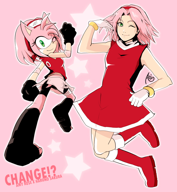amy_rose amy_rose_(cosplay) boots character_name cosplay costume_switch crossover green_eyes haruno_sakura haruno_sakura_(cosplay) knee_boots look-alike multiple_girls naruto pink pink_background pink_hair sonic_the_hedgehog wink