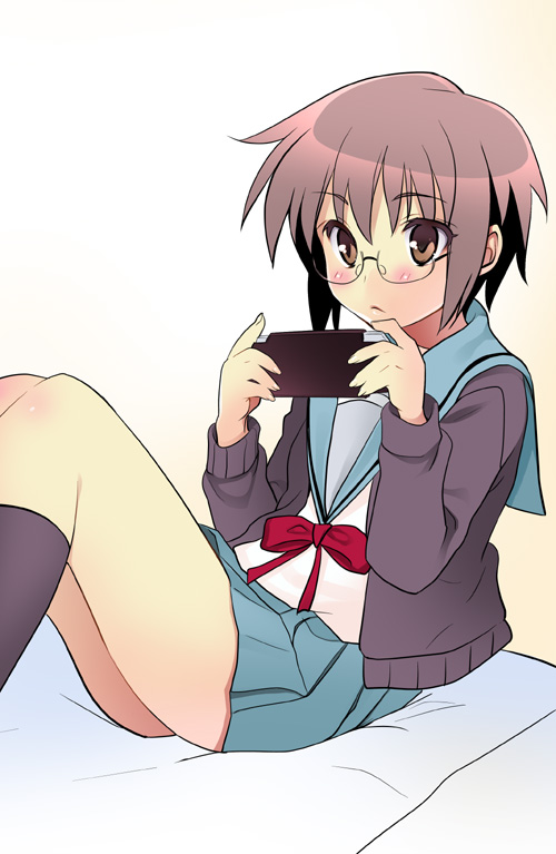 brown_eyes brown_hair cardigan glasses nagato_yuki playing_games playstation_portable psp school_uniform short_hair sitting suzumiya_haruhi_no_yuuutsu