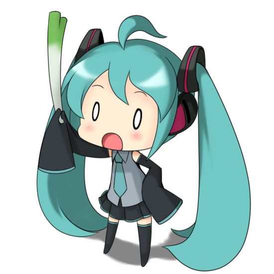 ahoge aqua_hair boots chibi detached_sleeves hatsune_miku long_hair musashino_udon necktie o_o open_mouth skirt sleeves_past_wrist sleeves_past_wrists spring_onion thigh-highs thigh_boots thighhighs twintails very_long_hair vocaloid zettai_ryouiki